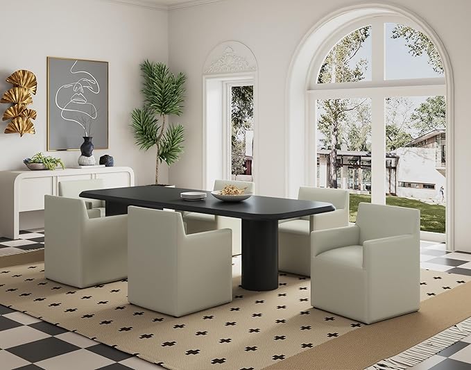 Manhattan Comfort Anna Square Modern Dining Chair with Arms, Head-to-Toe Faux Leather Upholstered Accent Armchair with Plastic Foot Padding, Set of 2, Stone Grey