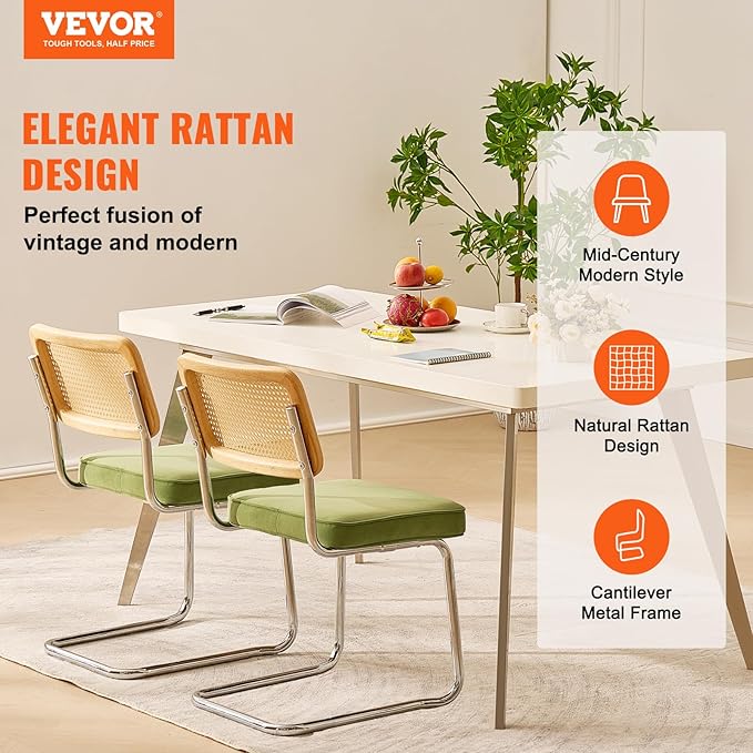 VEVOR Rattan Dining Chairs Set of 2, Mid Century Modern Dining Chair, Upholstered Velvet Accent Chair with Rattan Back, Retro Dining Room Kitchen Chair for Living Room, Bedroom (18.1 Inch)