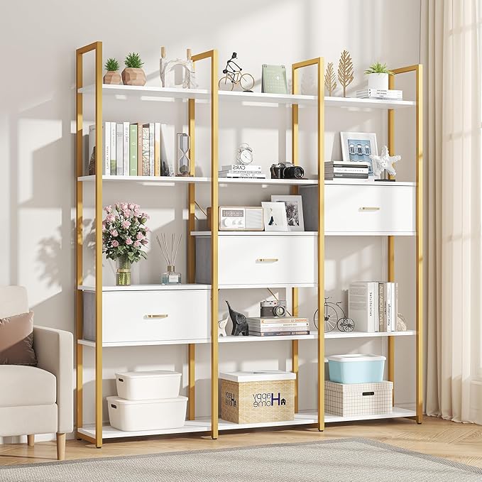 73.6" Tall Bookshelf with 3 Drawers and 16 Storage Shelves, Industrial Bookcase with 16 Open Display Shelves, Large Etagere Bookshelf, Triple Wide Book Shelf Book Case for Home & Office, Gold