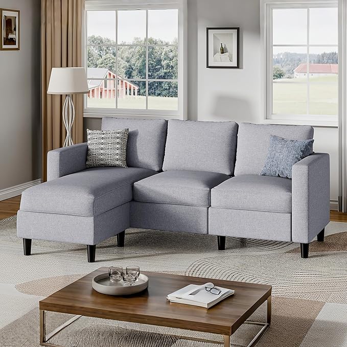 Small Sectional Sofa Couch, 3 Seat L Shaped Couches with Ottoman, Upholstered Fabric Convertible Sofa, Small Couch for Apartments, Living Room and Office (Light Grey)