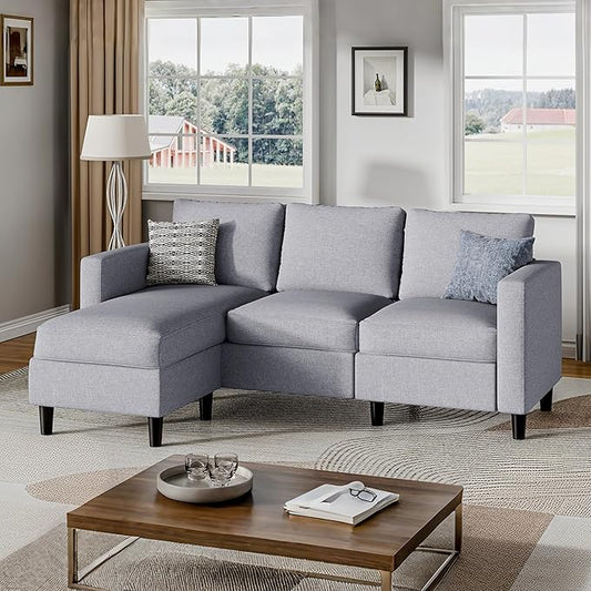 Small Sectional Sofa Couch, 3 Seat L Shaped Couches with Ottoman, Upholstered Fabric Convertible Sofa, Small Couch for Apartments, Living Room and Office (Light Grey)