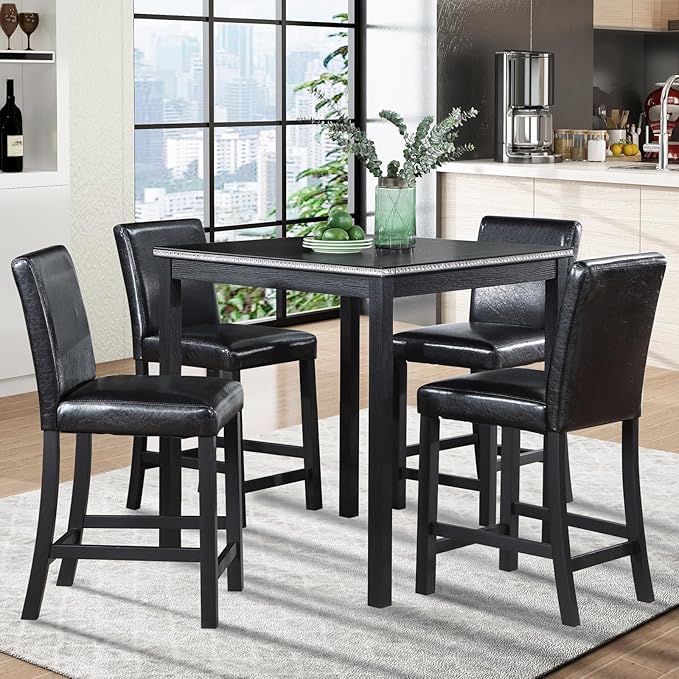 KEIKI 5-Piece Counter Height Dining Table Set with Square Table and 4 Upholstered Chair, for 4 Person, Classic Style Crystal Decoration Wooden Table Set, Easy Assembly, for Kitchen, Dining Room, Black