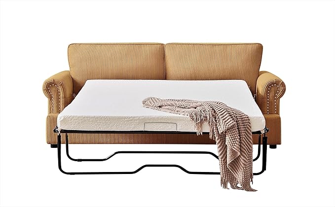 Reversible Sleeper Sofa Bed with Comfortable Memory Foam Mattress, Convertible Corduroy Full Size Pull Out Couch for Living Room, Space Saving Furniture, 72" Wide, Rounded Arms, Ginger