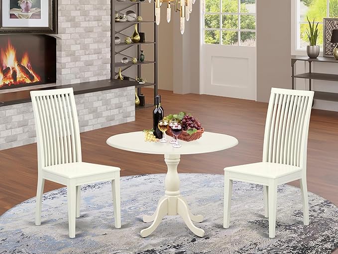 East West Furniture DMIP3-LWH-W 3 Piece Kitchen Table & Chairs Set Contains a Round Dining Table with Dropleaf and 2 Dining Room Chairs, 42x42 Inch, Linen White