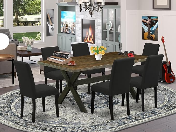 East West Furniture X677AB624-7 7 Piece Dining Set Consist of a Rectangle Dining Room Table with X-Legs and 6 Black Color Linen Fabric Upholstered Chairs, 40x72 Inch, Multi-Color