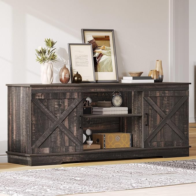 DWVO Farmhouse TV Stands for Living Room, Entertainment Center with Storage, TV Stand for 65 Inch TV with Double Barn Doors & Storage Cabinets, Rustic TV Cabinet Media Console, Dark Oak