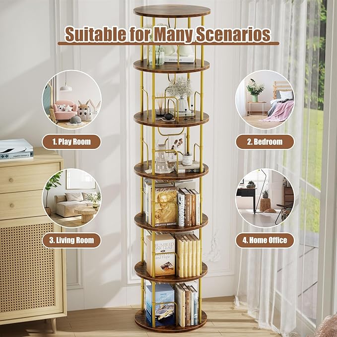 6 Tier Rotating Bookshelf, 360 ° Display Stackable Spinning Bookshelf Tower, Corner Bookshelf Tall Floor Standing Swivel Bookcase Narrow Storage Organizer for Bedroom, Living Room, Gold