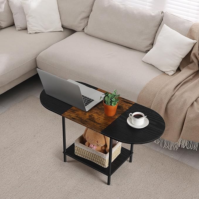 Small Round Coffee Table, 2-Tier Oval Center Table with Storage and Open Shelving, Minimalist Display Center Table for Living Room, Small Space, Home Office, Brown & Black