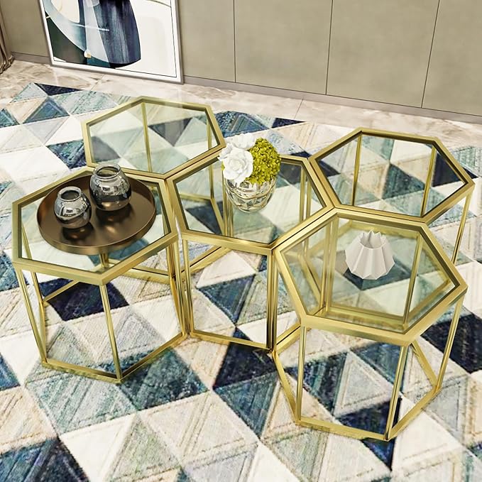Gold Coffee Table Glass Modern Coffee Table, Hexagon Free Combination Glass Center Table Small End Tables with Metal Frame for Living Room Set of 1