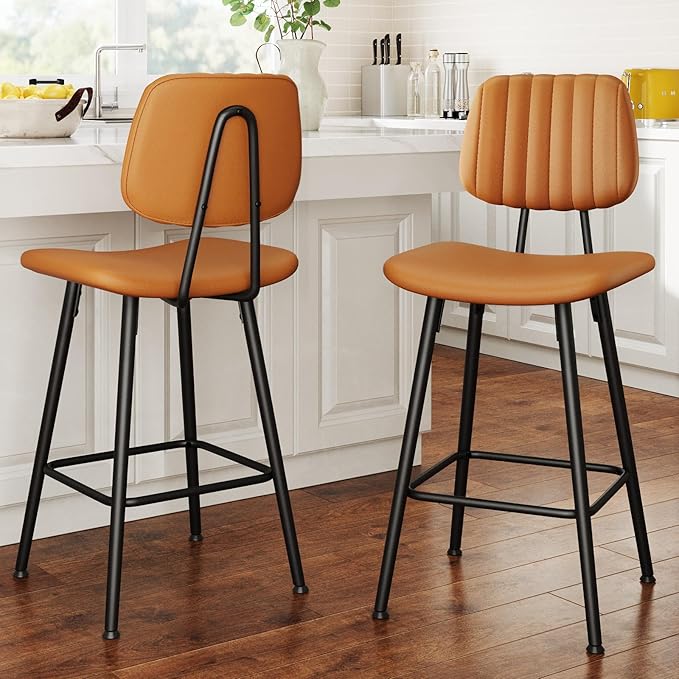 24-Inch Leather Bar Stools Set of 2, Counter Height Barstools with High Backrest，Bar Chairs for Kitchen Island with Heavy Duty Metal Legs, Brown