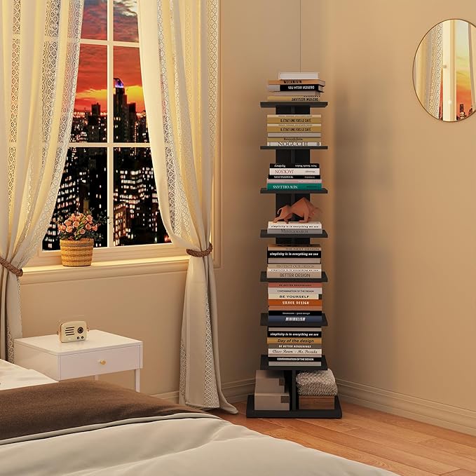 TUTOTAK Narrow Bookshelf, 8-Tier Bookcase, Spine Book Shelf for Small Space, Corner Standing Shelf for Living Room, Office, Study, Entryway, Black BS06BK008