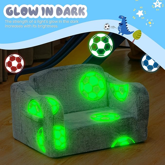Lamerge 2-in-1 Toddler Couch,Glow in The Dark Baby Floor Bed,Foldable Toddler Chair Kids Sofa for playroom,Convertible Sofa to Lounger for Girls and Boys (Grey and Football)