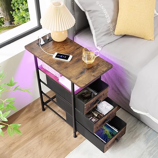 AMHANCIBLE Narrow End Table Living Room with Charging Station, Slim LED Nightstand with Fabric Drawers, Skinny Side Table for Bedroom, Small Spaces, Couch, Rustic Brown, HETN013LBR-1