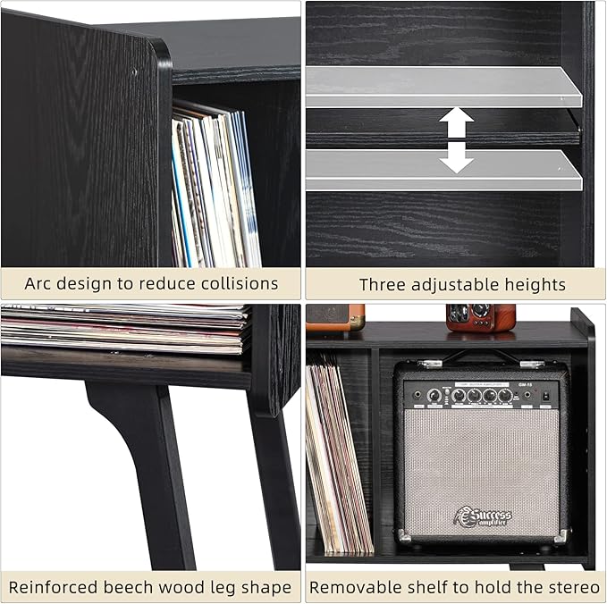Lerliuo Record Player Stand with 4 Cabinet Holds Up to 220 Albums, Large Turntable Stand with Beech Wood Legs, Mid-Century Record Player Table,Black Vinyl Holder Storage Shelf for Bedroom Living Room