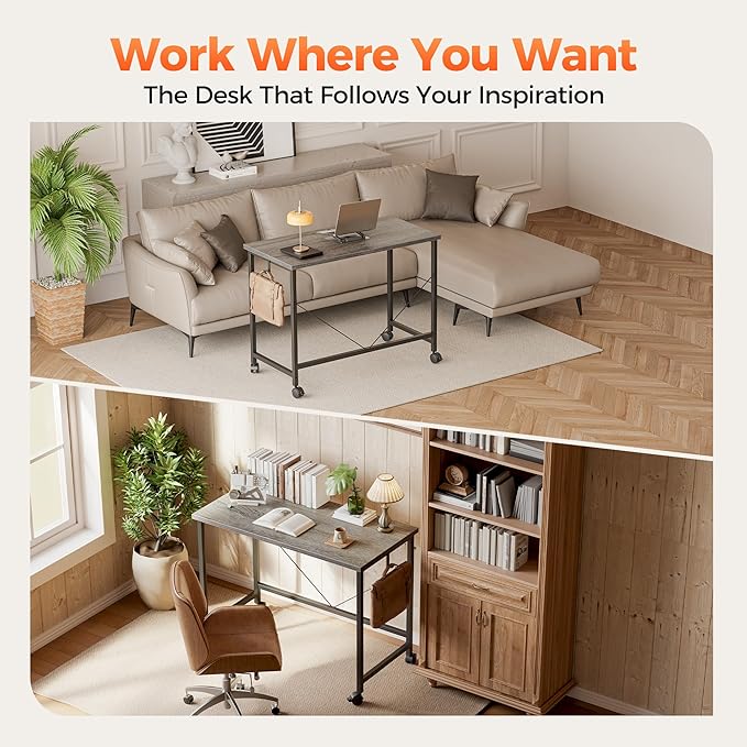 Rolling Computer Desk with Wheels, Gaming Desk for Small Spaces, Modern Simple Style Table for Home Office, Study Writing Table (Caster, Stone Gray, 24 inch)