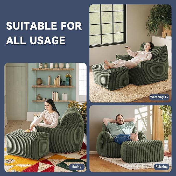 Giant Bean Bag Chairs for Adults, Oversized Chaise Lounge Chair Indoor with Memory Foam - Plush Boneless Lounger & Ottoman for Bedroom, Living Room, Gaming & Reading, Lazy Floor Sofa Chair, Green