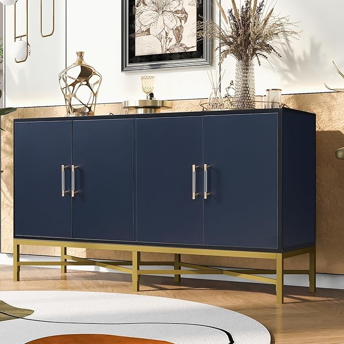 Merax Sideboard Buffet Cabinet with Storage, 4 Door Modern Cupboard w/Cross-Leg Design, Console Table for Kitchen, Dining/Living Room, Blue