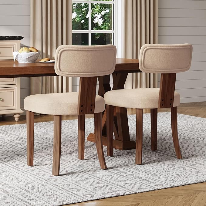 Mid Century Modern Dining Chairs Set of 2, Linen Upholstered Kitchen Chairs with Curved Backrest & Adjustable Legs for Living Room/Bedroom/Lounge, Easy to Install, Beige Linen