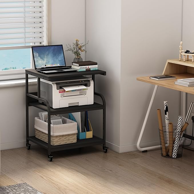 Printer Stand, 23.6 x18.9 x 30 Inches Large Printer Table with Adjustable Storage Shelf, 3 Tier Rolling Printer Cart with Wheels for Home Office, Stand for Heat Press Mini Fridge, Black