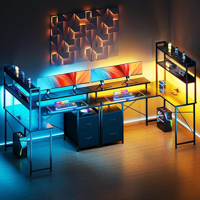 L Shaped Gaming Desk with Shelves,Reversible Computer Gaming Desk with LED Lights and Charging Station,Home Office Corner Desk with Monitor Stand,Black