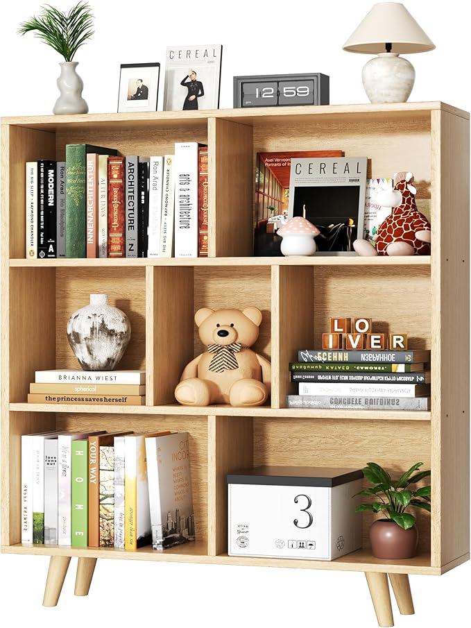 Shintenchi Cube Storage Organizer, 3 Tier Mid-Century Bookcase with Legs Cubeicals Retro Wood Organizer Storage Bookcase, Freestanding Open Book Shelves for Bedroom,Living Room,Office(Natural)