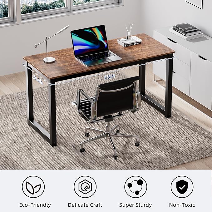 Decoholic 55 Inch Computer Desk, Home & Office PC Laptop Study Writing Table Workstation with Leg Bars, Modern Simple Industrial Style, Rustic Brown