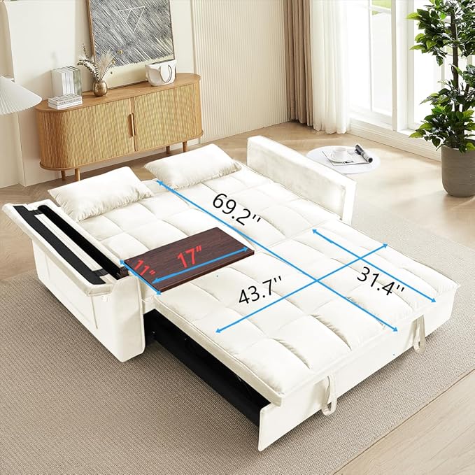 Ball & Cast 55" 3 in 1 Sleeper Sofa Bed Velvet Upholstered Pull Out Couch with Adjustable Back & 2 Pillows,Convertible Futon Sofa Bed W/Hidden Side Table,Side Pocket & USB Port,for Living Room,Beige