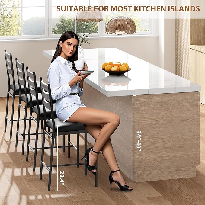 GarveeHome Bar Stools Set of 2, Wooden Barstools, Faux Leather Upholstered Bar Chair with Back & Footrest & Thick Cushion, Counter Height Bar Stools for Kitchen Island Apartment, Grey