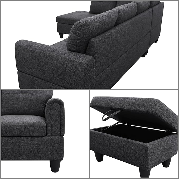 L Shaped Sectional Couches, Modern Modular Sectional Sofa for Living Room Bedroom Furniture, Comfy 4 Seat Couch with Ottoman Storage & Chaise, Black Gray