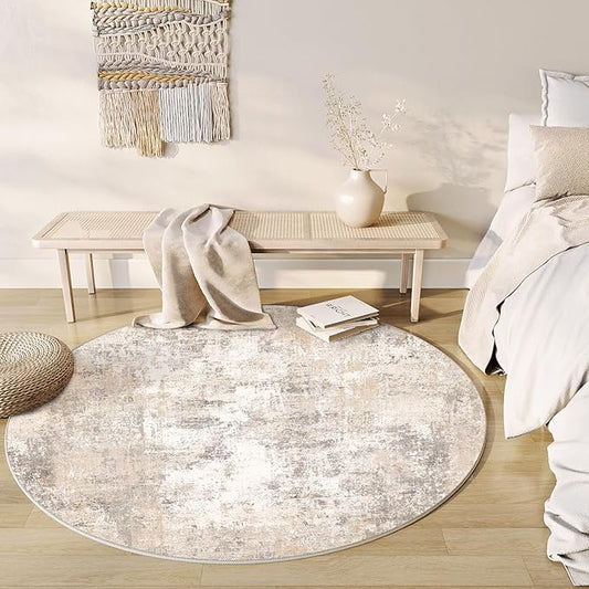 5x5 Washable Round Rug Beige Grey Neutral Abstract Living Room Bedroom Non Slip Low Pile Area Rug Office Entryway Indoor Doormat Soft Carpet for Entrance Bathroom Kitchen