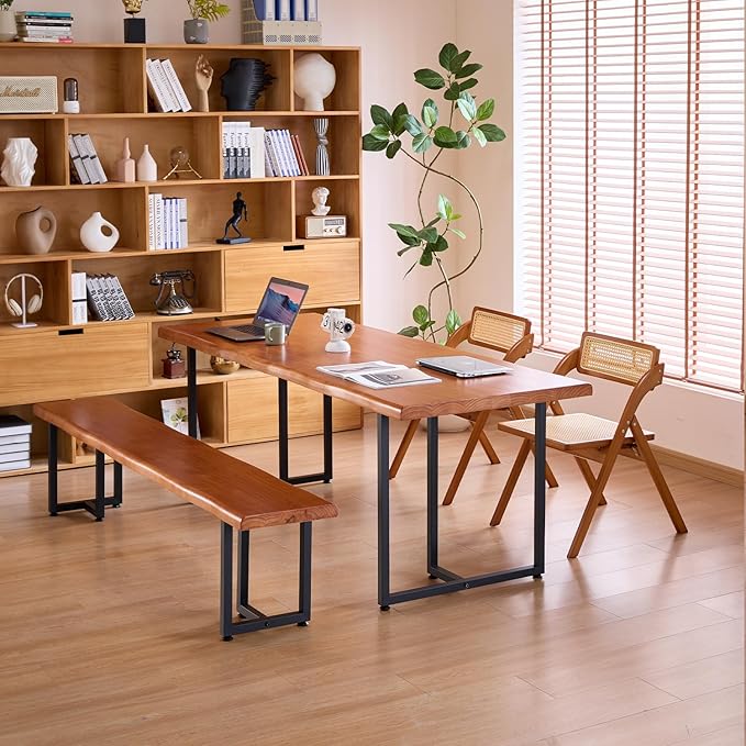 Durable Solid Wood Top Bench with Metal Triangular Legs – Stylish Long Dining Bench for Home, Office, Restaurant & Patio (Wooden Brown Bench, 70.87in)