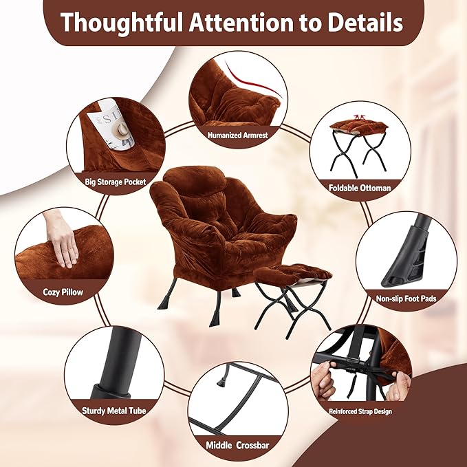 Lazy Chair with Folding Ottoman, Accent Chair Plush Upholstered with Metal Structure and Non-Slip Pads, Sofa Armchair with Footrest and Side Storage Bag for Dorm, Room, Office, Brown