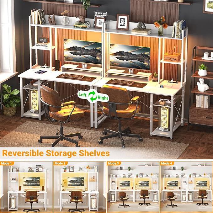 Cyclysio Gaming Desk with Hutch, 39'' Computer Desk with LED Lights & Power Outlets, Home Office Desk with Reversible 5 Tiers Storage Shelves & Monitor Stand, Small Gaming Table for Small Space, White