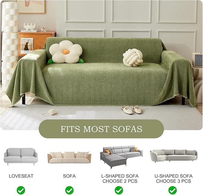 STACYPIK Christmas Matcha Green Sofa Cover Chenille Couch Covers Herringbone Sofa Covers for 2 Cushion Couch Thick Couch Covers Blanket Scratch Resistant Furniture Cover for Kids Dogs Decor-91X118IN
