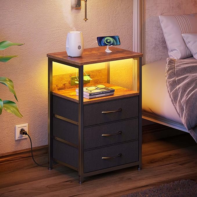 Seventable Nightstand with Charging Station and LED Light, Set of 2 Side Table with 3 Fabric Drawers, Bedside End Table with USB Ports and Outlets, Night Stand for Bedroom, Rustic Brown