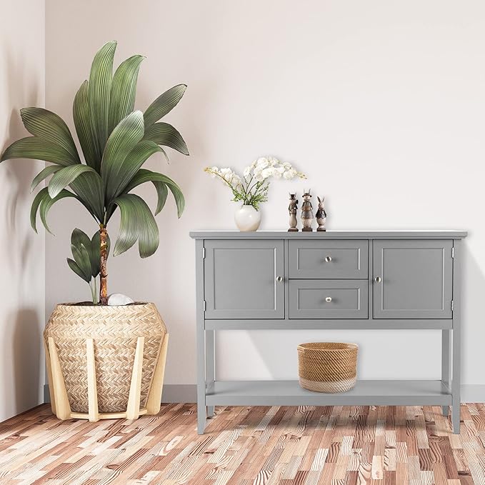 COSTWAY Buffet Sideboard, with 2 Wood Storage Drawers & Open Shelf, Console Table for Living Room Kitchen Dining Room Furniture (Grey)