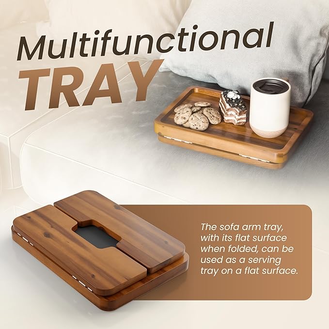 HOLANA Acacia Wood Sofa Armrest Tray - 13.75 x 9.5in Double Hinge Sofa Arm Tray Table Clip - Couch Arm Table - Wooden Side Tables for Eating and Drink (Acacia, 13.75" D x 9.5" W x 2" H)