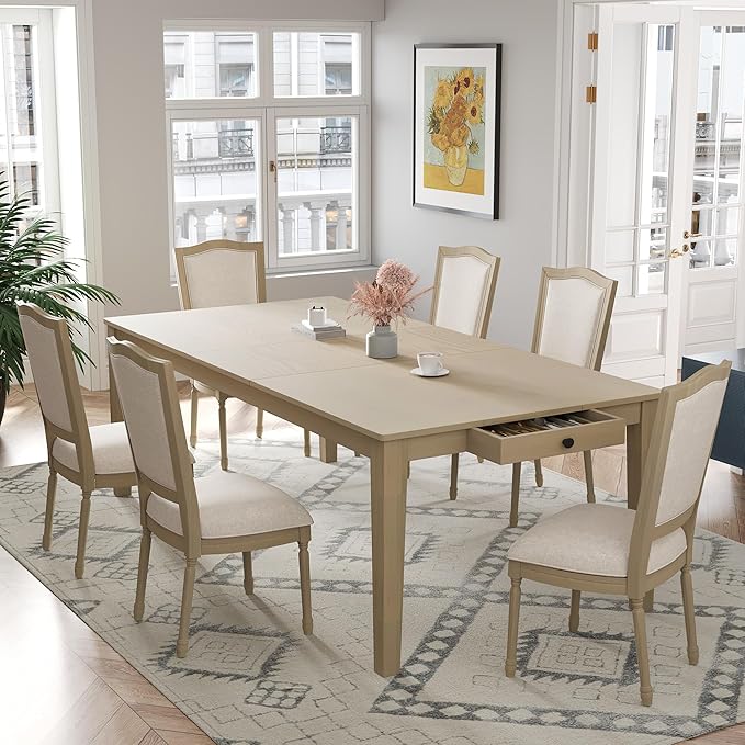 Merax Rustic 7 Piece 78.1inch Extendable Dining Table Set with 18inch Removable Leaf, 6 Upholstered Dining Chairs, 2 Built-in Drawers, Natural