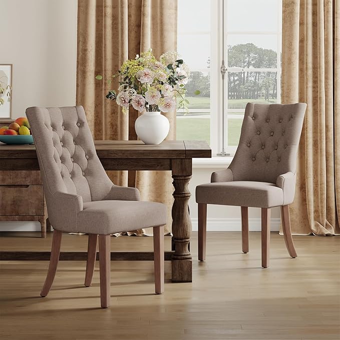 COLAMY Wingback Upholstered Dining Chairs Set of 4, Fabric Side Dining Room Chairs with Tufted Button, Living Room Chairs for Home Kitchen, Taupe