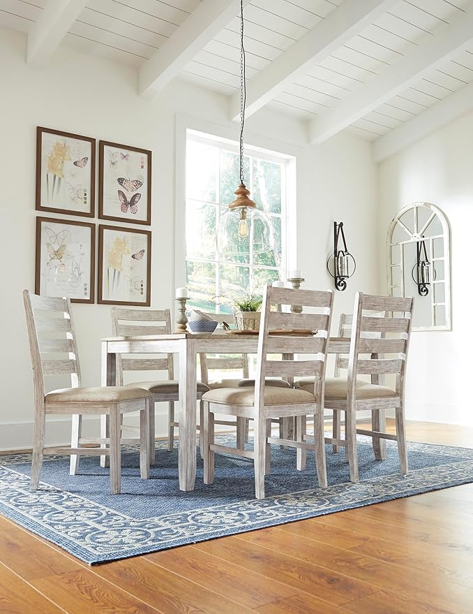Signature Design by Ashley Skempton Cottage Dining Room Table Set with 6 Upholstered Chairs, Whitewash