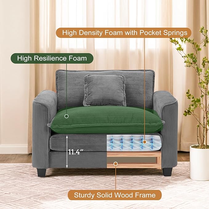 Furniliving Oversized Accent Chair with Ottoman, Luxury Corduroy Single Sofa, Upholstered Deep Seat Chaise Lounge with Pillows for Living Room, Bedroom, Apartment, Grey