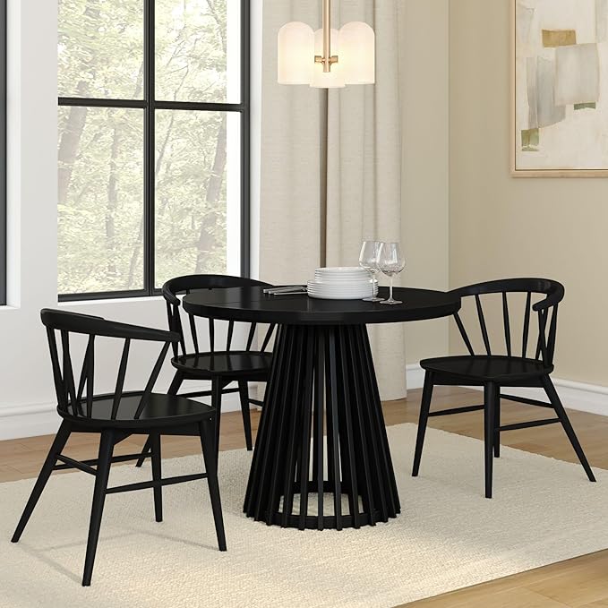 Plank+Beam Lido Round Dining Table, 38", Wooden, Pedestal, Minimalist Kitchen Table for 4 for Dining Room, Black