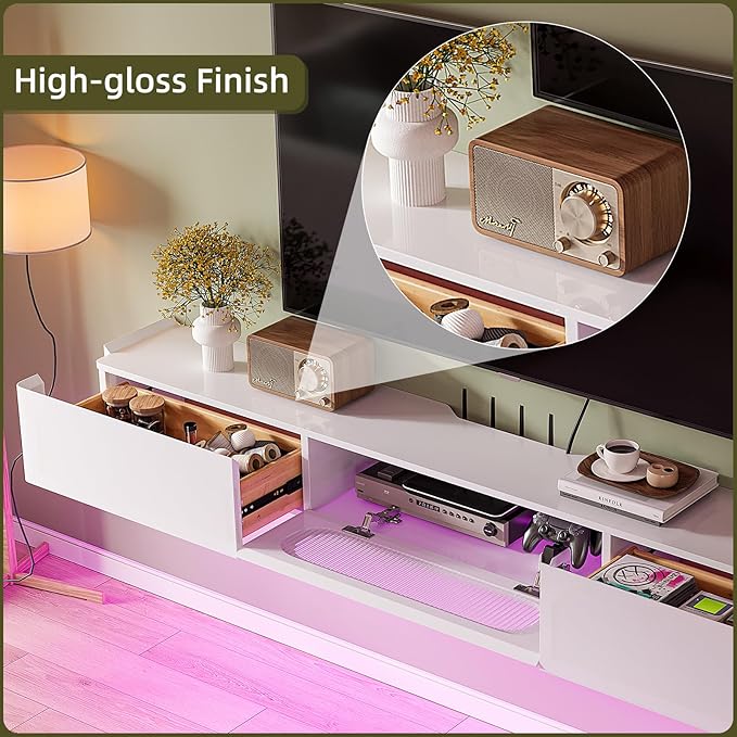Floaticase Floating TV Stand, 78IN Fully Assembled Hign Gloss Wall Mounted TV Console with Flip-Down Door & Drawers for Livingroom, Bedroom