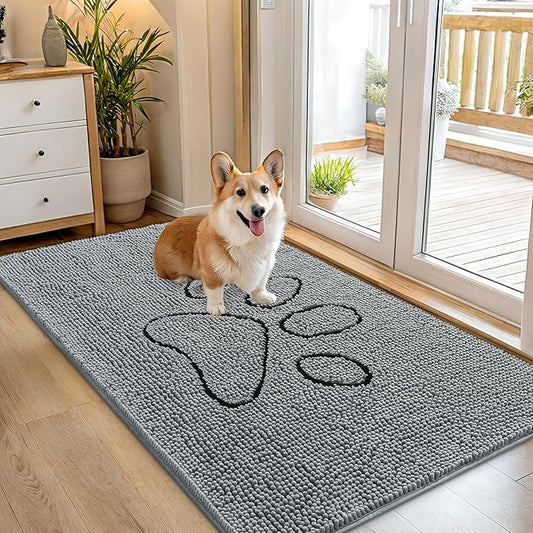 OLANLY Door Mat for Muddy Dog Paws 54x32, Ultra Absorbent Chenille Mud Doormat with Paw Print Design, Non-Slip Washable Doormat for Indoor Entryway, Quick-Dry Pet Bed Mats for Dirty Dogs, Grey