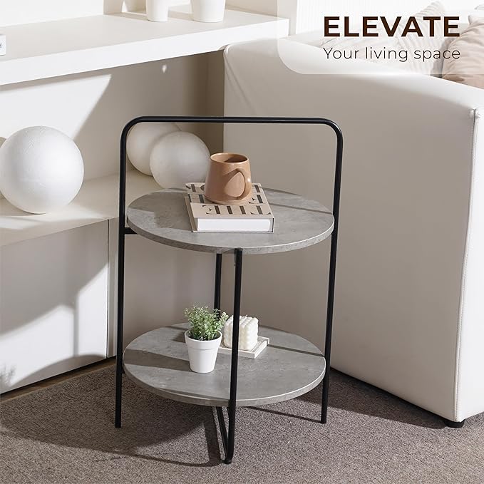 Mijas 2-Tier Side Table, Round End Table, A Stylish and Functional Addition for Home & Office, Perfect for Decor, Storage Solutions, and Enhancing Any Living Space (Cement)