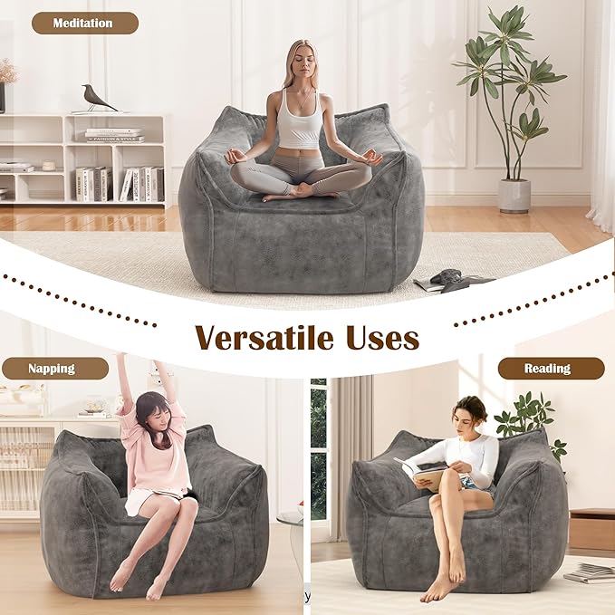 Giant Bean Bag Chair for Adults, Large Bean Bag Chair with Armrest, Living Room Fluffy Beanbag Couch with Filler Included, Comfy Washable Lazy Sofa Chair for Bedroom, Gray