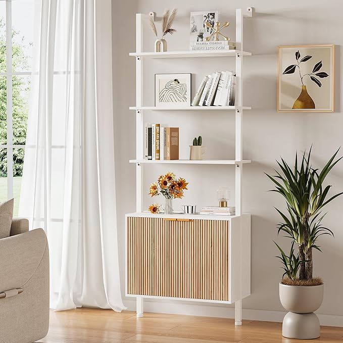 74" Tall Bookshelf with Storage Cabinet, Modern Ladder Shelf with Wood and Metal Frame, Wall Mount Bookcase Open Display Shelf Furniture for Living Room, Bedroom, Home Office, White and Oak