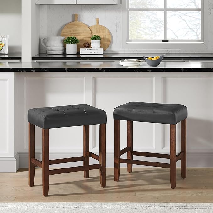 Alaterre Furniture Madison 25-Inch Bar Stool with Faux Leather Seat - Counter Height Stool for Kitchen Island or Bar - Backless Barstools (Walnut/Black)