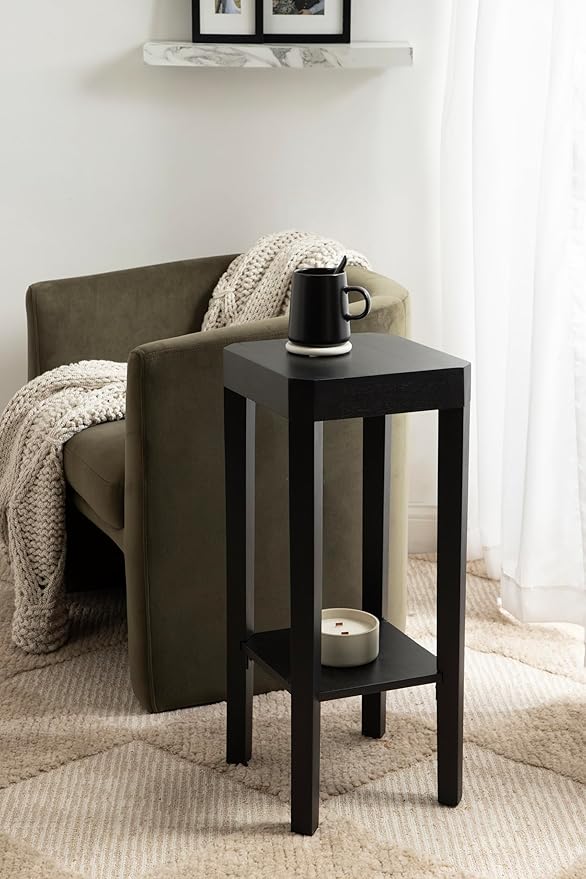 Kate and Laurel Talcott Modern Square Wood Drink Table, 12 x 12 x 28, Black, Transitional Decorative Two-Tier Pedestal Table for Use as Plant Stand Indoors or Living Room Decor Accent