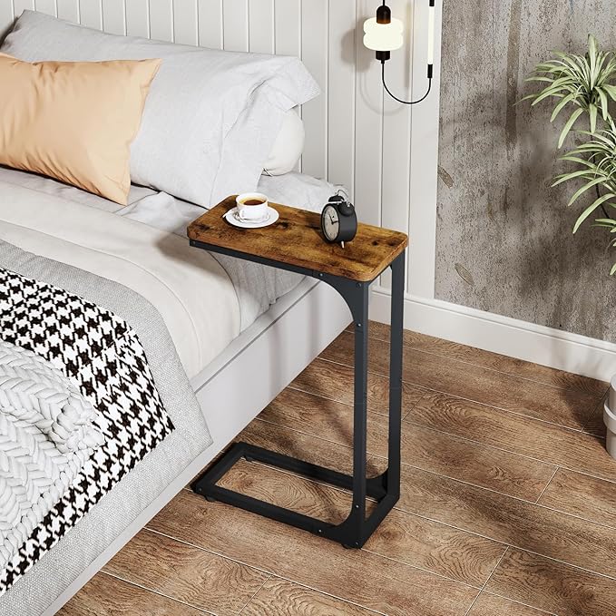 QEEIG Narrow C Shaped Side Table Set of 2 Living Room Sets Slim Couch Tray Tables Skinny Thin Small Farmhouse 7 inch Width, Rustic Brown (017-18BN)